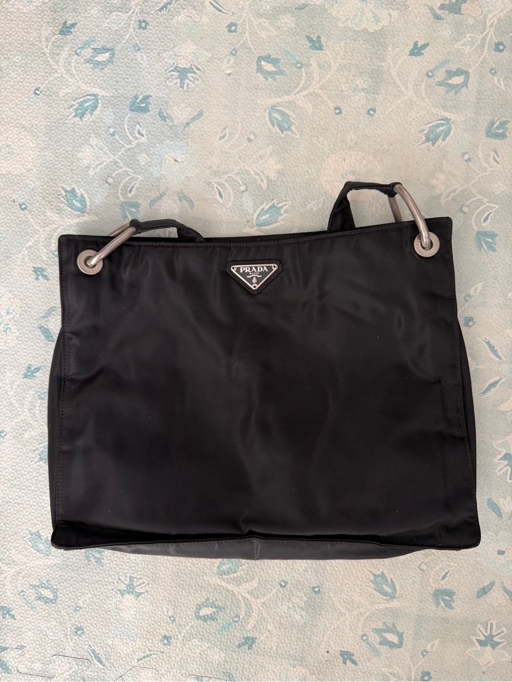 Prada Black Nylon Single Strap Shoulder Bag Tote with Silver-Tone Grommet Detail